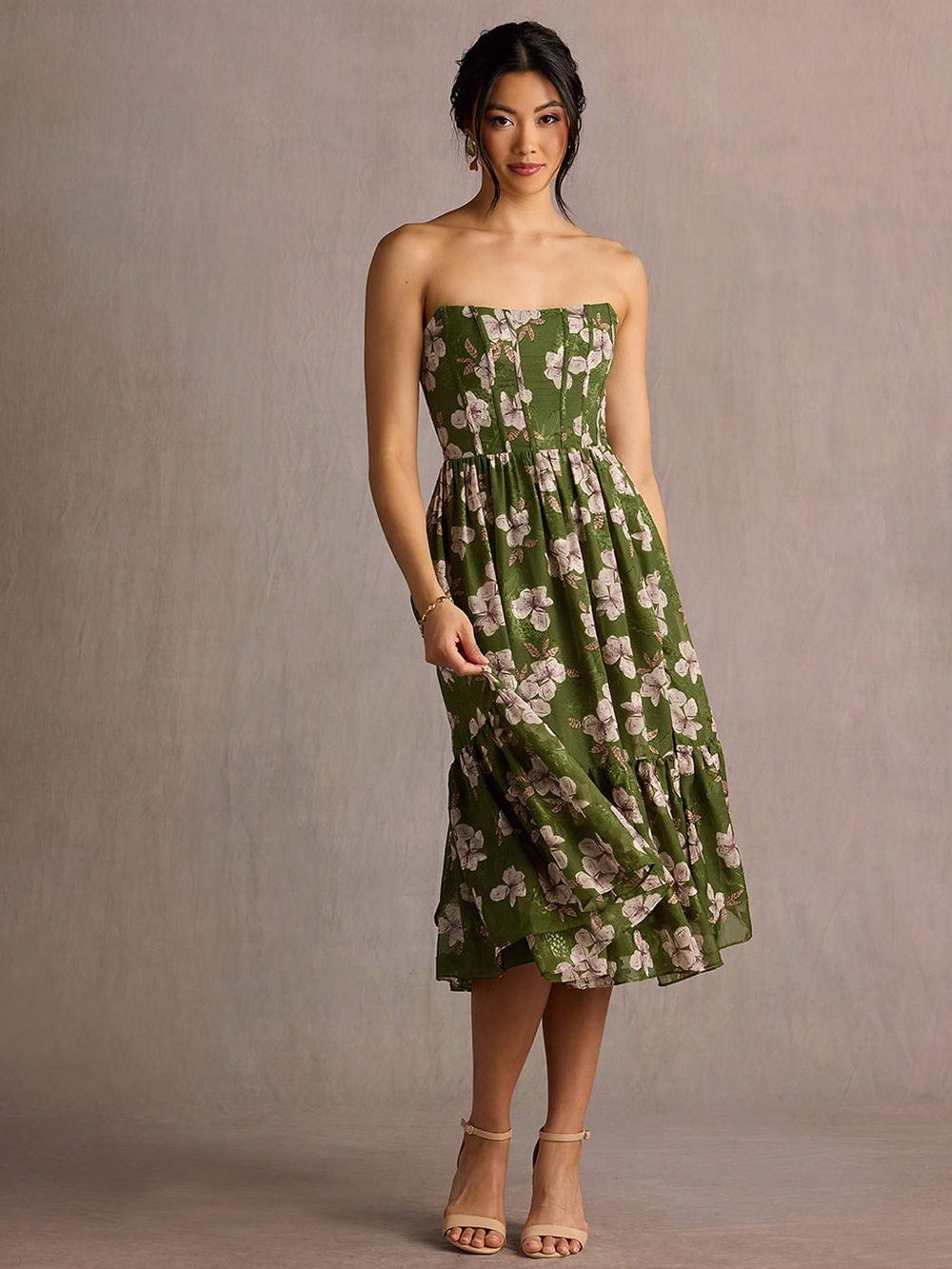 Azazie Olive Green Floral Strapless Midi Dress